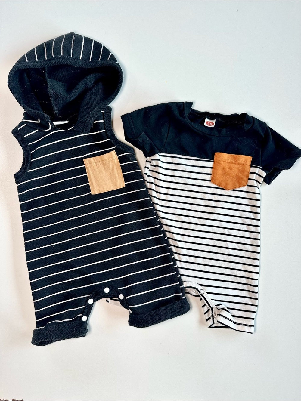 Striped Short-Sleeve Hoodie Baby Rompers Tan Pocket - Black & White -3 Pack - Picture 6 of 11